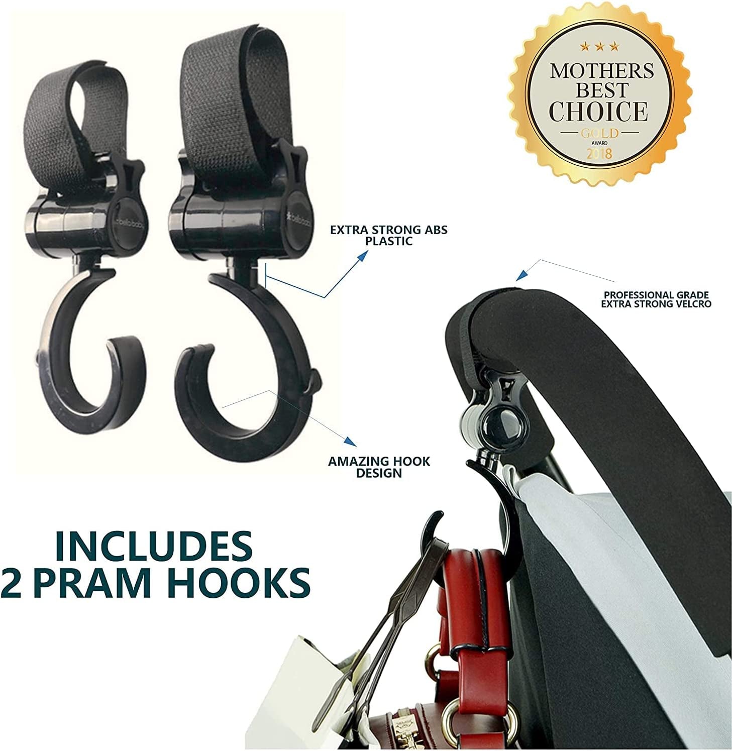 Pram Cup Holder, Pushchair/Stroller Cup Holder, Universal Baby Bottle Pram Organiser, Drink and Coffee Cup Holder, with 2 Pram Hooks, Can Be Used for Baby Buggy, Bike and Wheelchair