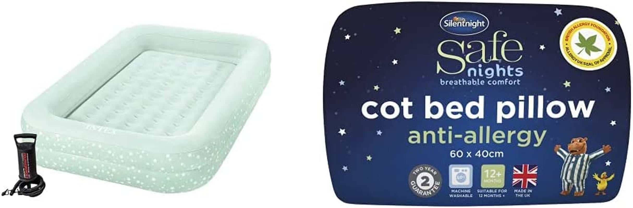 Intex Kidz Travel Cot Bed Inflatable Mattress Air Bed with Pump, 3-6 yrs & Silentnight Safe Nights Cot Bed Pillow - Anti Allergy Nursery Pillow For Sleeping Children Kids Newborn Baby Babies