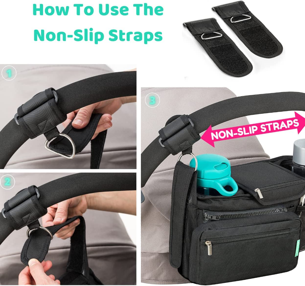 Non-Slip Pram Organiser with Cup Holder, Exclusive Strap Grip Handlebar, Universal Buggy Organiser Bag for Every Model Pushchair and Stroller