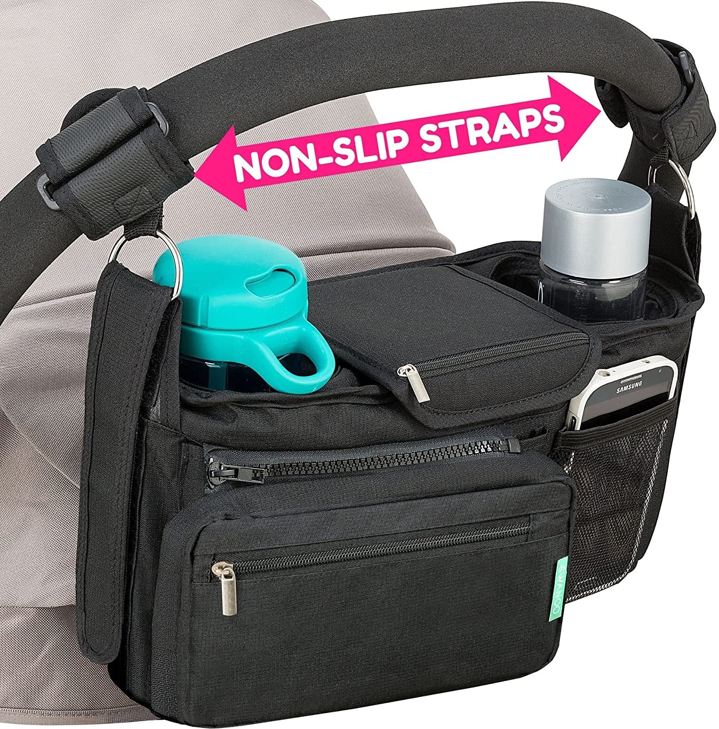 Non-Slip Pram Organiser with Cup Holder, Exclusive Strap Grip Handlebar, Universal Buggy Organiser Bag for Every Model Pushchair and Stroller