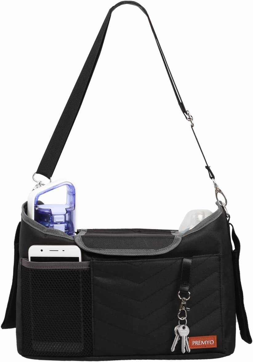 PREMYO Buggy Organiser Pram Bag Stroller - Cup Holder Universal Fit Spacious - with Changing Mat Shoulder Strap Black