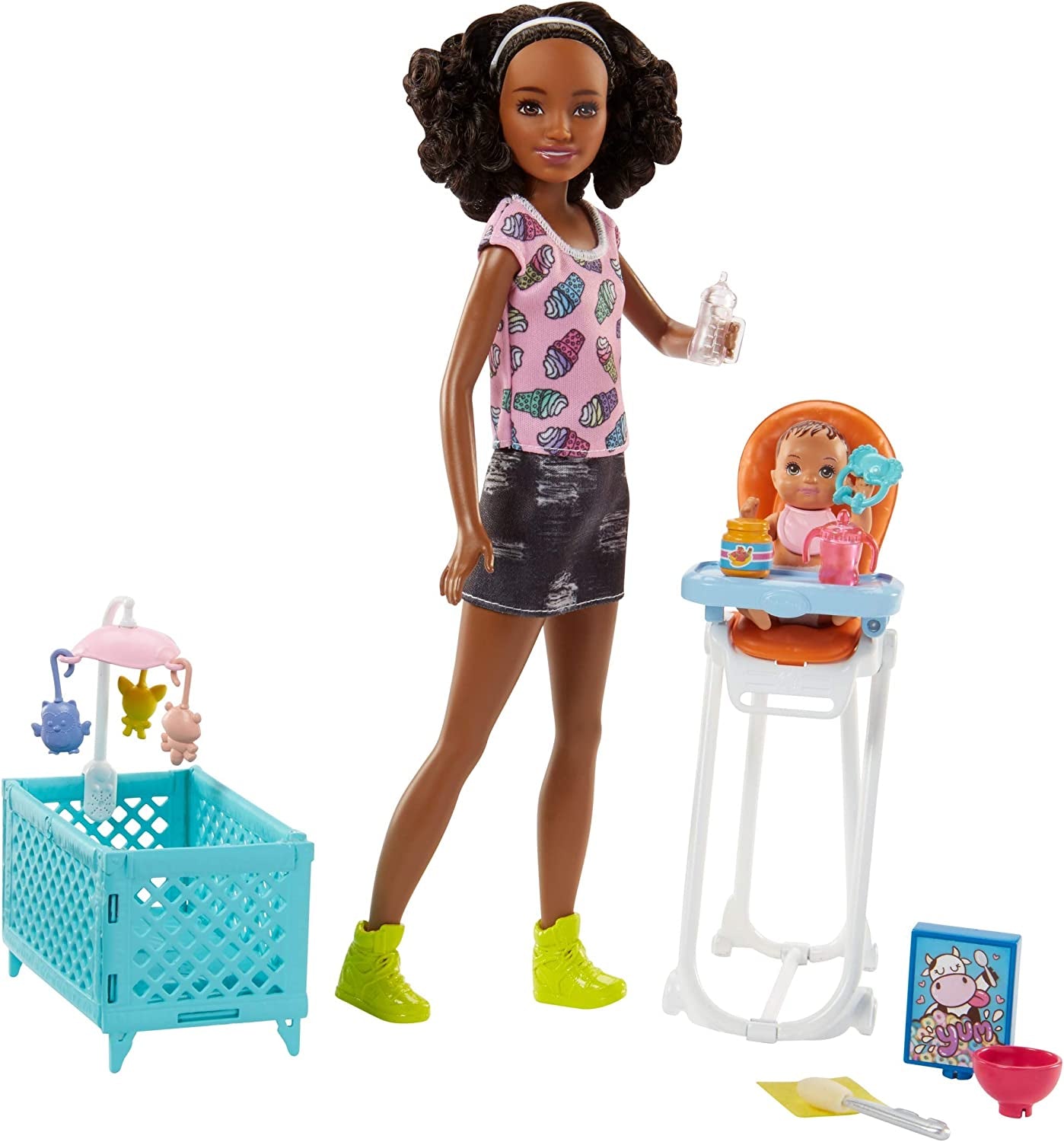 Barbie Babysitting Playset with Skipper Doll, Baby Doll, Bouncy Stroller and Themed Accessories for 3 to 7 Year Olds, FJB00 - Amazon Exclusive