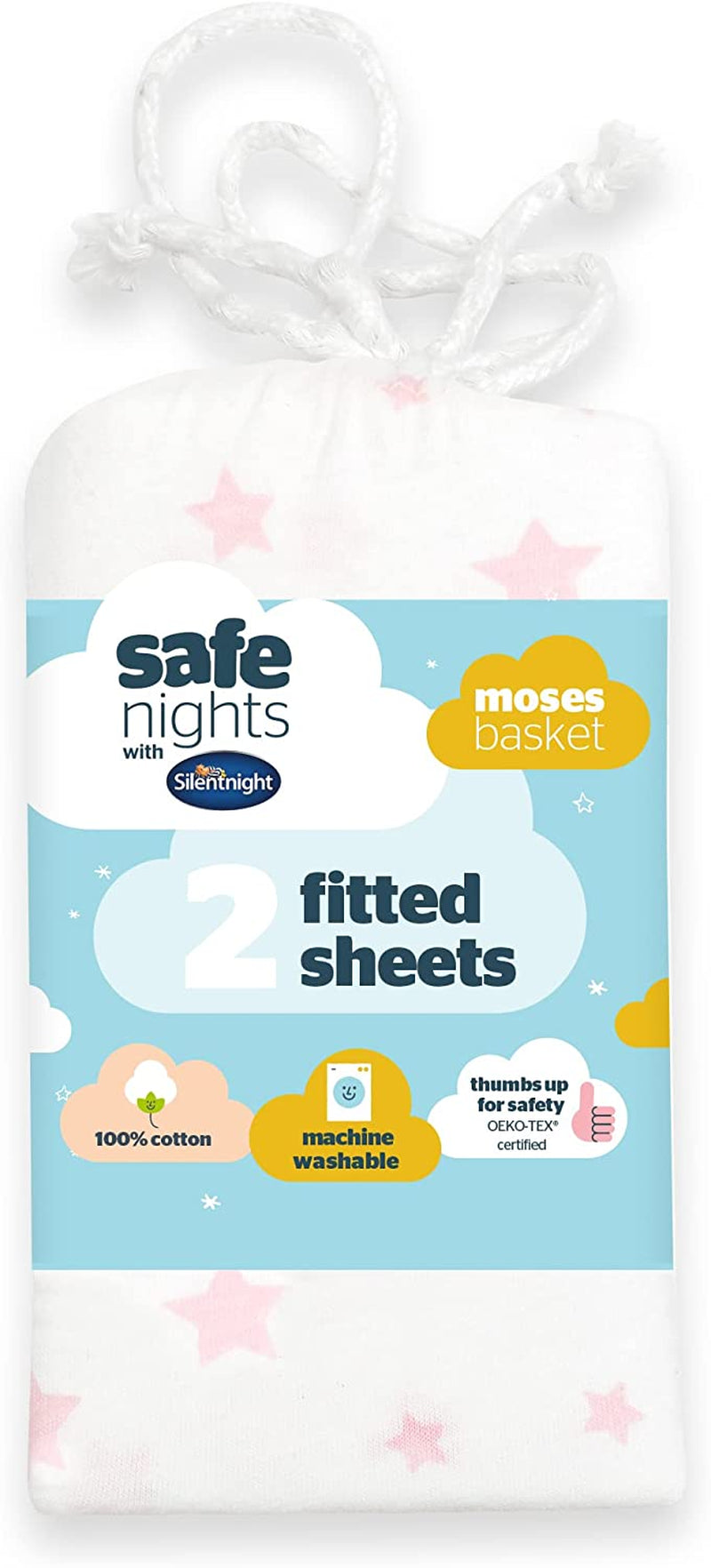 Silentnight Safe Nights Cot Bed Size Fitted Sheets Set 100% Jersey Cotton Bedside Compatible Pack of Two Grey Star easy Care Super Soft Cuddly for Baby with Storage Bag (120cm x60cm x 12cm)