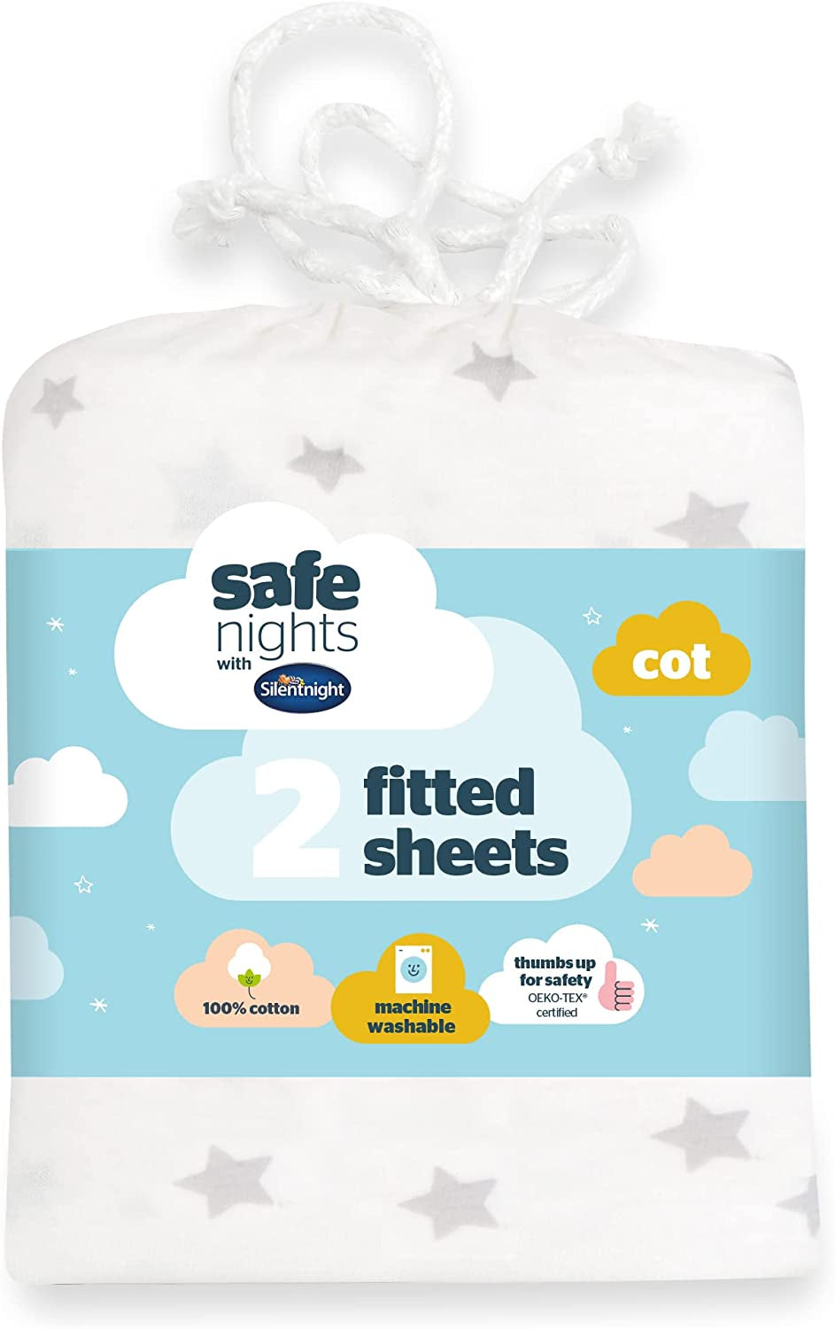 Silentnight Safe Nights Cot Bed Size Fitted Sheets Set 100% Jersey Cotton Bedside Compatible Pack of Two Grey Star easy Care Super Soft Cuddly for Baby with Storage Bag (120cm x60cm x 12cm)