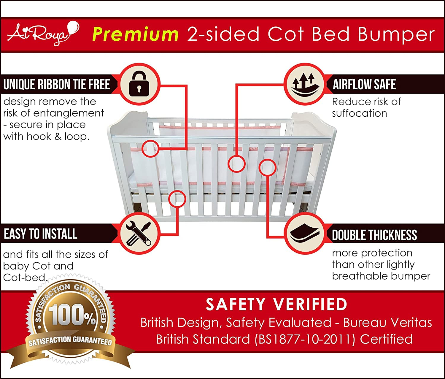 Airoya® Premium 2-sided Cot Bed Bumper, Double layers for extra-padding, Safety Standard Compliance - BS 1877, Breathable Safe Cot liner (Pink)