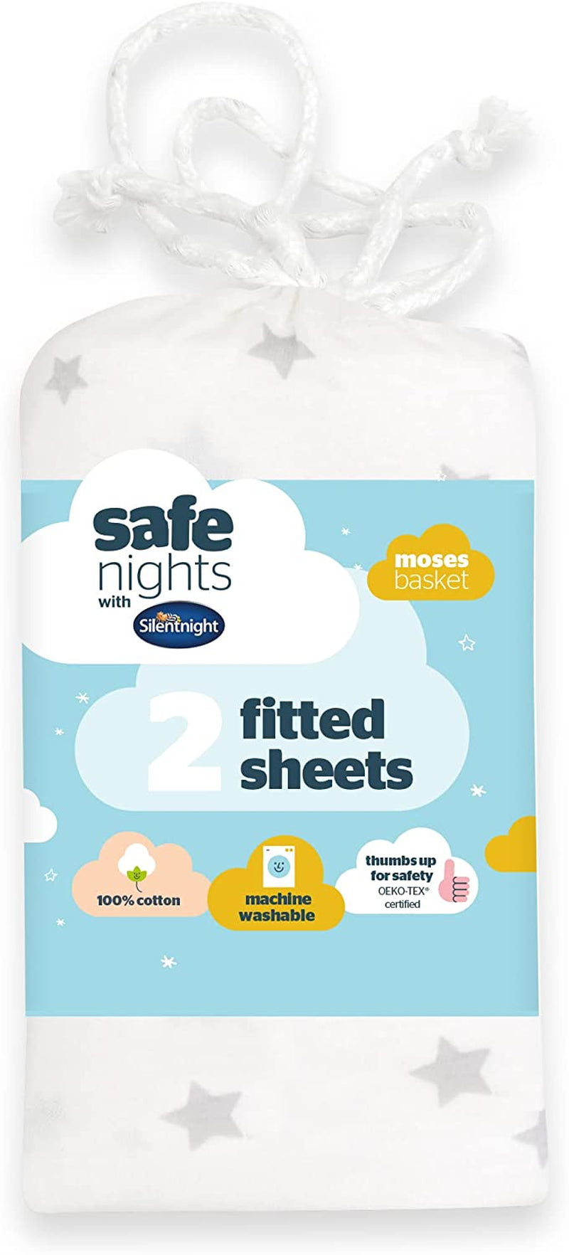 Silentnight Safe Nights Cot Bed Size Fitted Sheets Set 100% Jersey Cotton Bedside Compatible Pack of Two Grey Star easy Care Super Soft Cuddly for Baby with Storage Bag (120cm x60cm x 12cm)