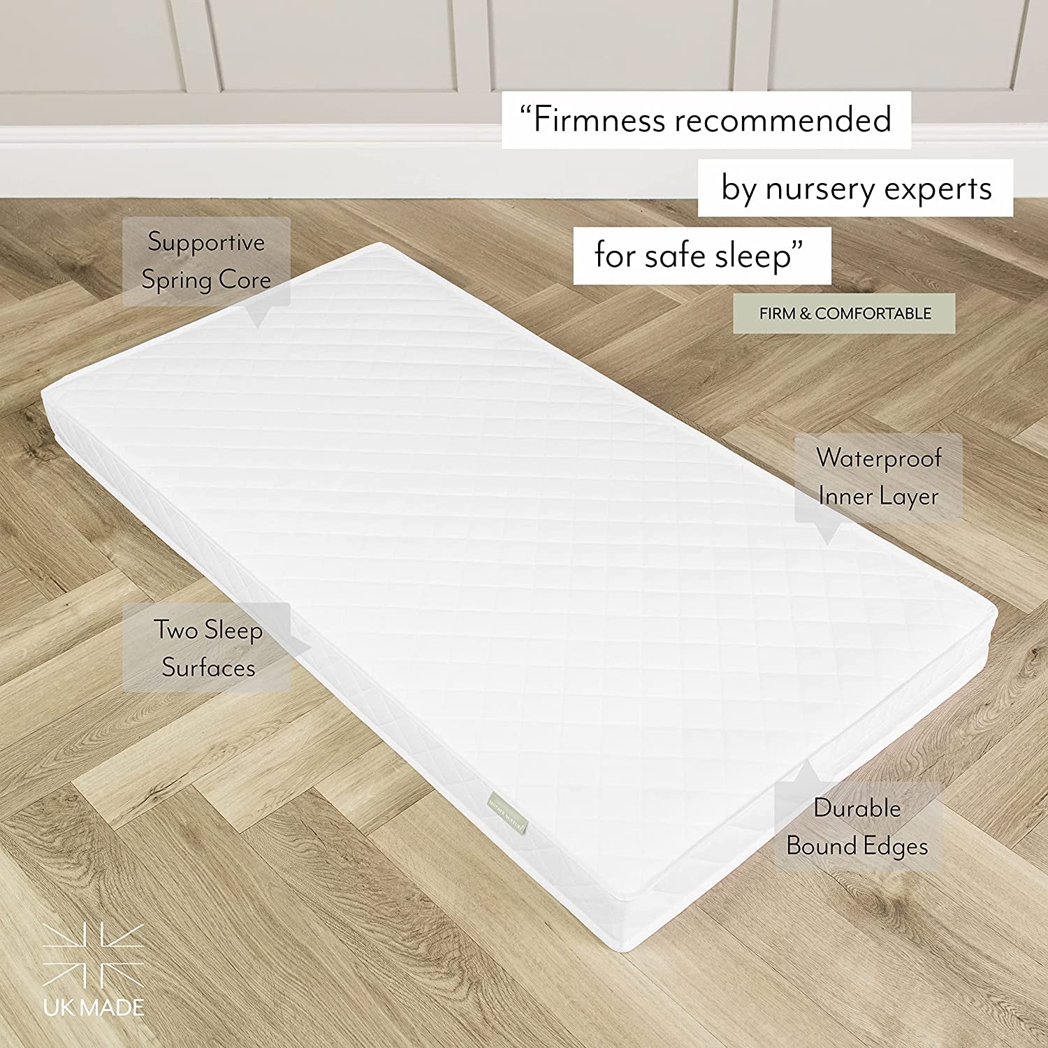 Mother Nurture Classic Spring Cot Bed Mattress, White, 140 x 70 x 10cm