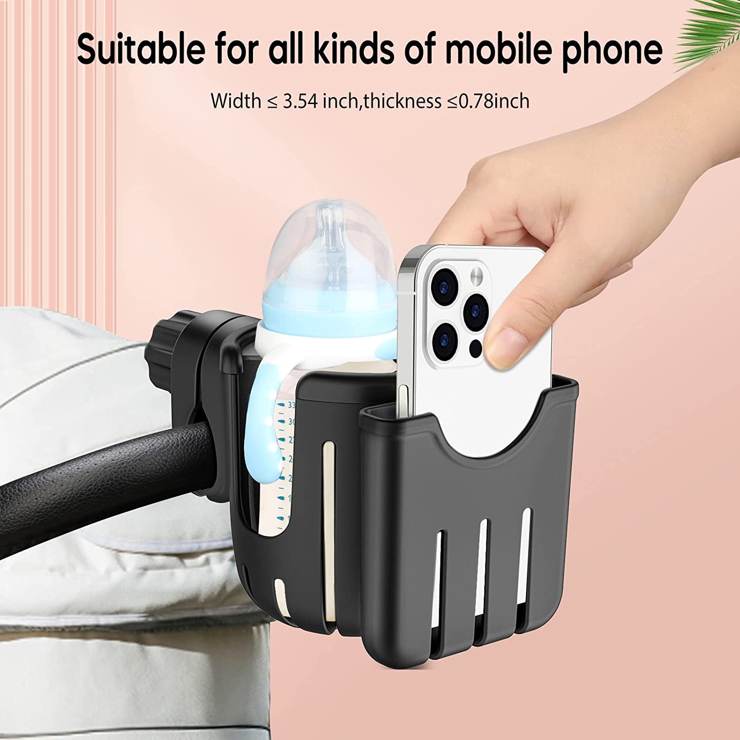 Pram Cup Holder, Universal Pushchair/Stroller Cup Holder, Baby Cup Organizer for Stroller, Drink and Coffee Cup Holder with Phone Holder, Suitable for Buggy, Bike, Wheelchair, Walker (Black-Style 2)
