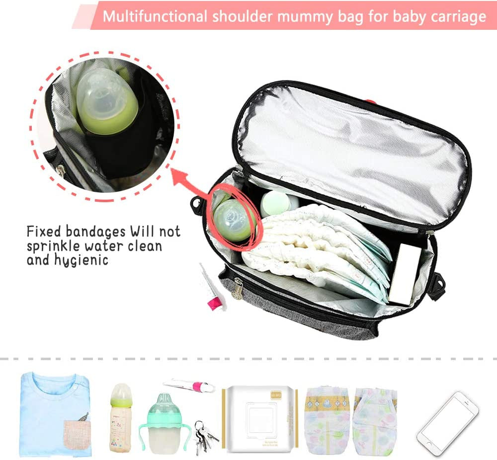 auvstar Buggy Organiser Bag, Pram Storage Bag,Baby Stroller Organizer,Universal Large Capacity Multi Compartment Hanging Pushchair Diaper Bags with Mobile Phone Pockets and Shoulder Strap(Grey)