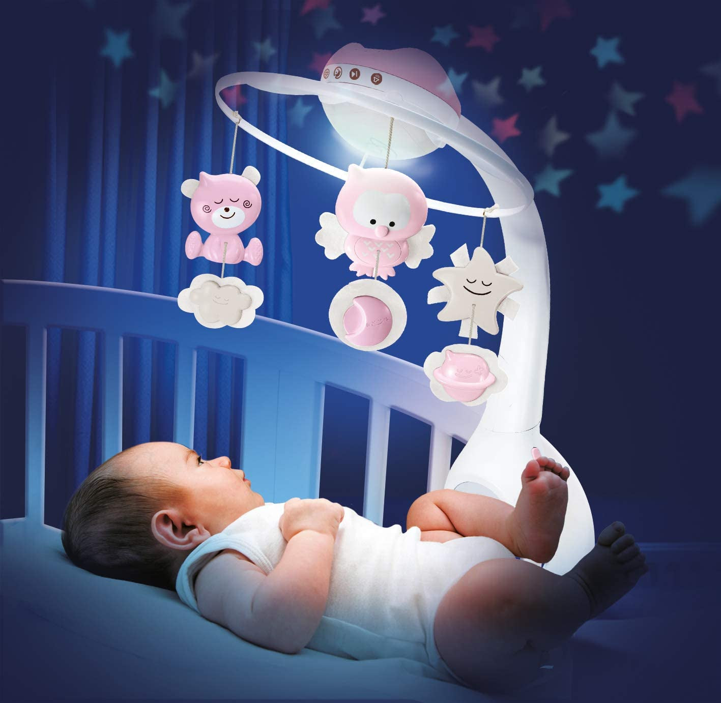 INFANTINO 3 in 1 Projector Musical Mobile - Convertible mobile, table and cot light and projector, with wake up mode to simulate daylight, complete with 6 melodies and 4 nature sounds, in pink