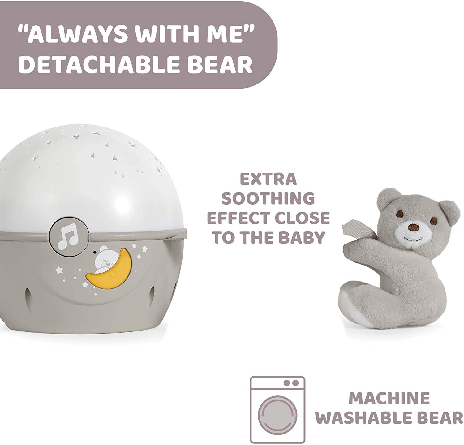 Chicco Next2Stars Baby Night Light with Plush Toy Star Light Projector for Cots and Cribs with Sound Sensor 3 Light Effects and Music 0 Months