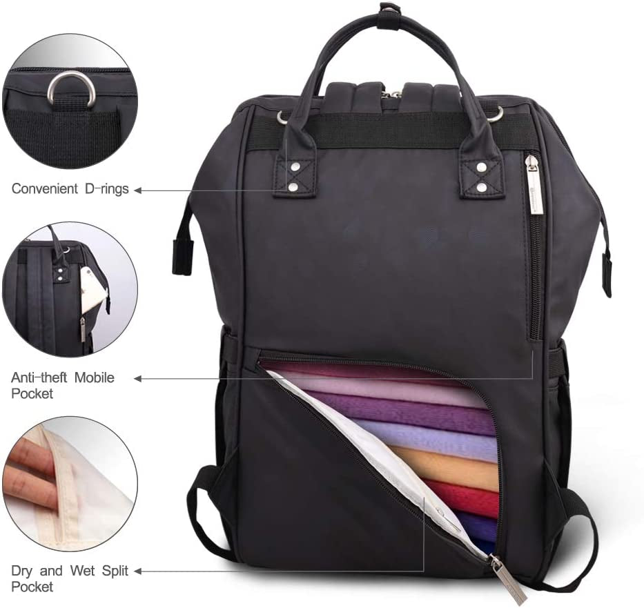 Pipi Bear Changing Backpack Bag Waterproof Baby Changing Bag Cool Nappy Backpack Organizer Large Capacity Diaper Tote Bag (Black)