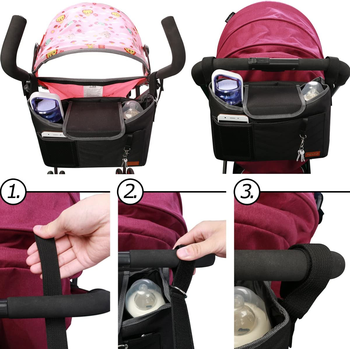 PREMYO Buggy Organiser Pram Bag Stroller - Cup Holder Universal Fit Spacious - with Changing Mat Shoulder Strap Black