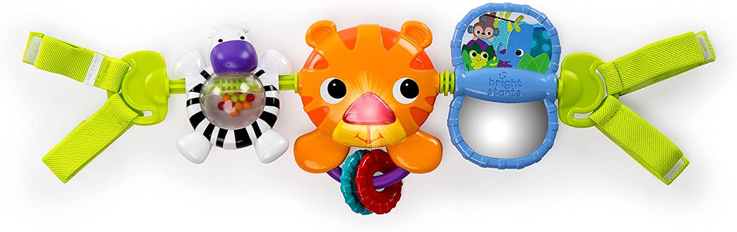 Bright Starts, Take Along Musical Carrier Activity Toy Bar, 4 Melodies, Ball Rattle, Self Discovery Mirror, Bead Chaser, Jungle Themed Baby Toys, Clip on Pram & Pushchair, Ages Newborn +, Multi-Colour