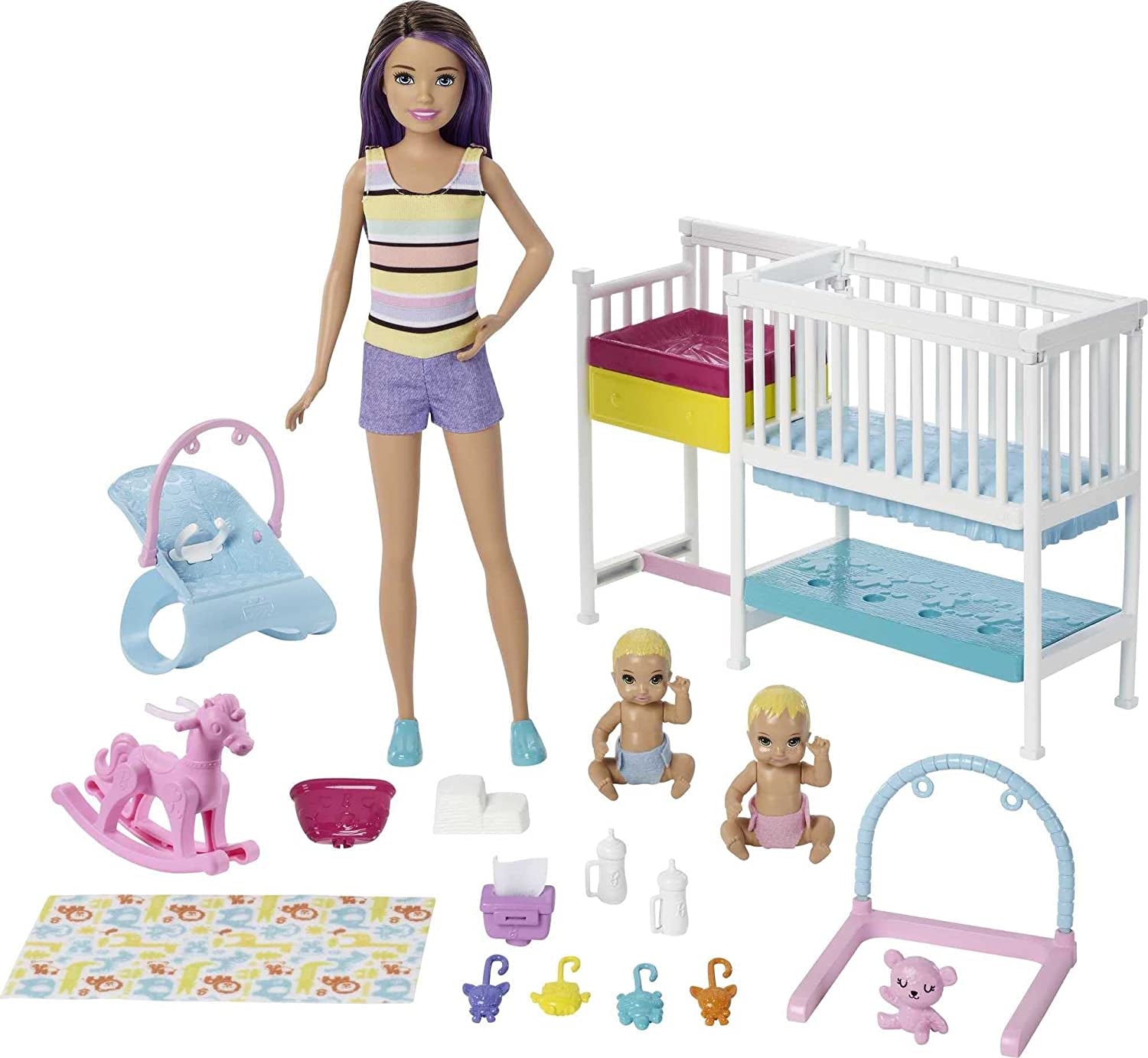 Barbie Babysitting Playset with Skipper Doll, Baby Doll, Bouncy Stroller and Themed Accessories for 3 to 7 Year Olds, FJB00 - Amazon Exclusive