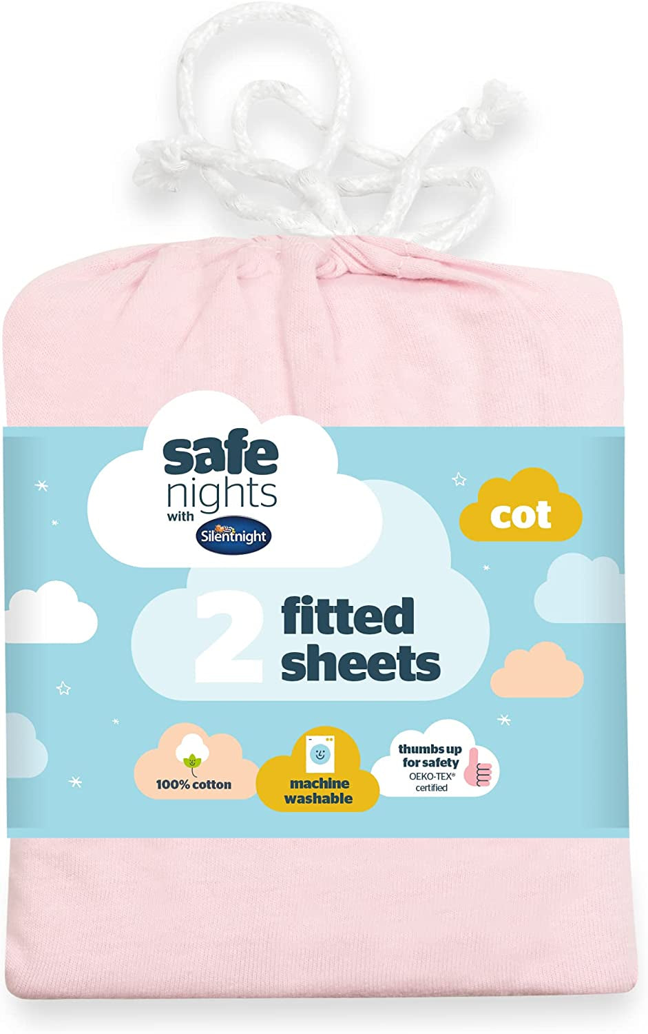 Silentnight Safe Nights Cot Bed Size Fitted Sheets Set 100% Jersey Cotton Bedside Compatible Pack of Two Grey Star easy Care Super Soft Cuddly for Baby with Storage Bag (120cm x60cm x 12cm)