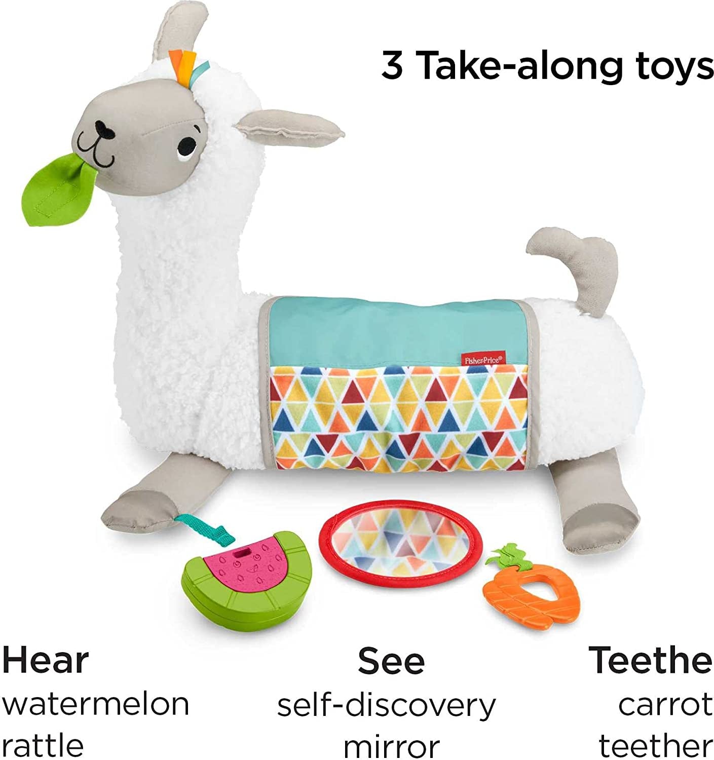 Fisher-Price Grow-with-Me Tummy Time Llama, 4 Ways To Play As Baby Grows, 3 Take-Along Toys, Engages Baby’s Senses Of Sight, Hearing and Touch, GLK39